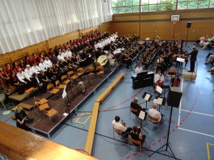 Das Symphonische Blasorchester der Blaskapelle eröffnete das Benefizkonzert. Auf der Bühne teilte es sich seinen Platz mit zahlreichen weiteren Gruppen.
